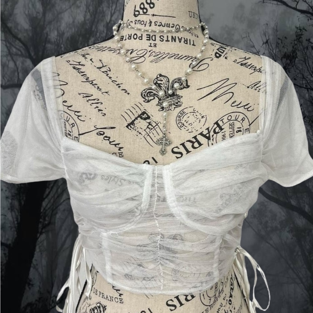 dreamy white mesh ruched crop top